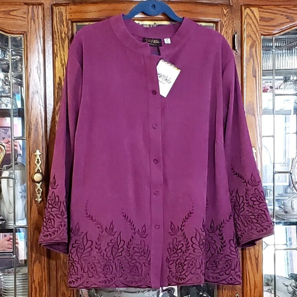 Bob Mackie's Button Front Embroidered Edge Shirt,  3x   Berry/plum color